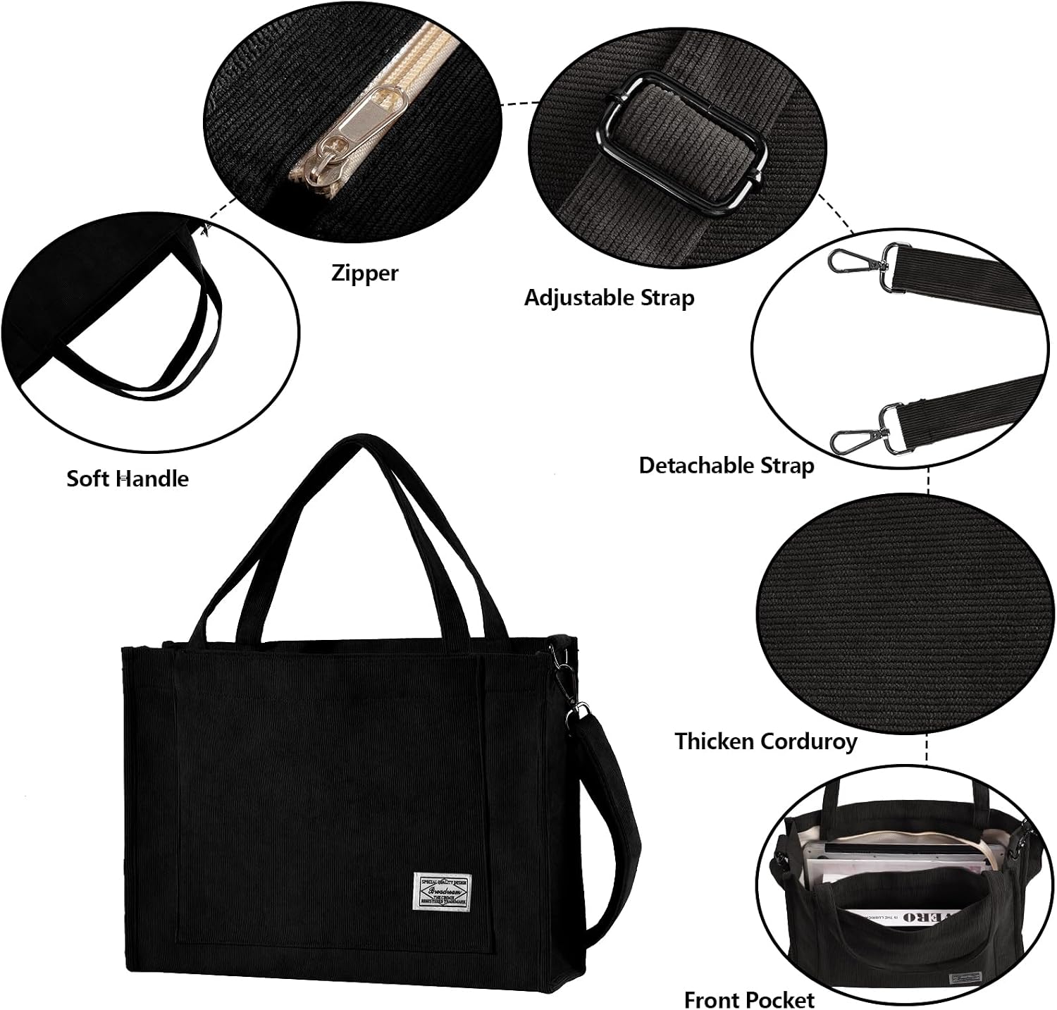 Detalle de Tibroni Sac à main femme en velours côtelé noir : cabas rétro, bandoulière réglable