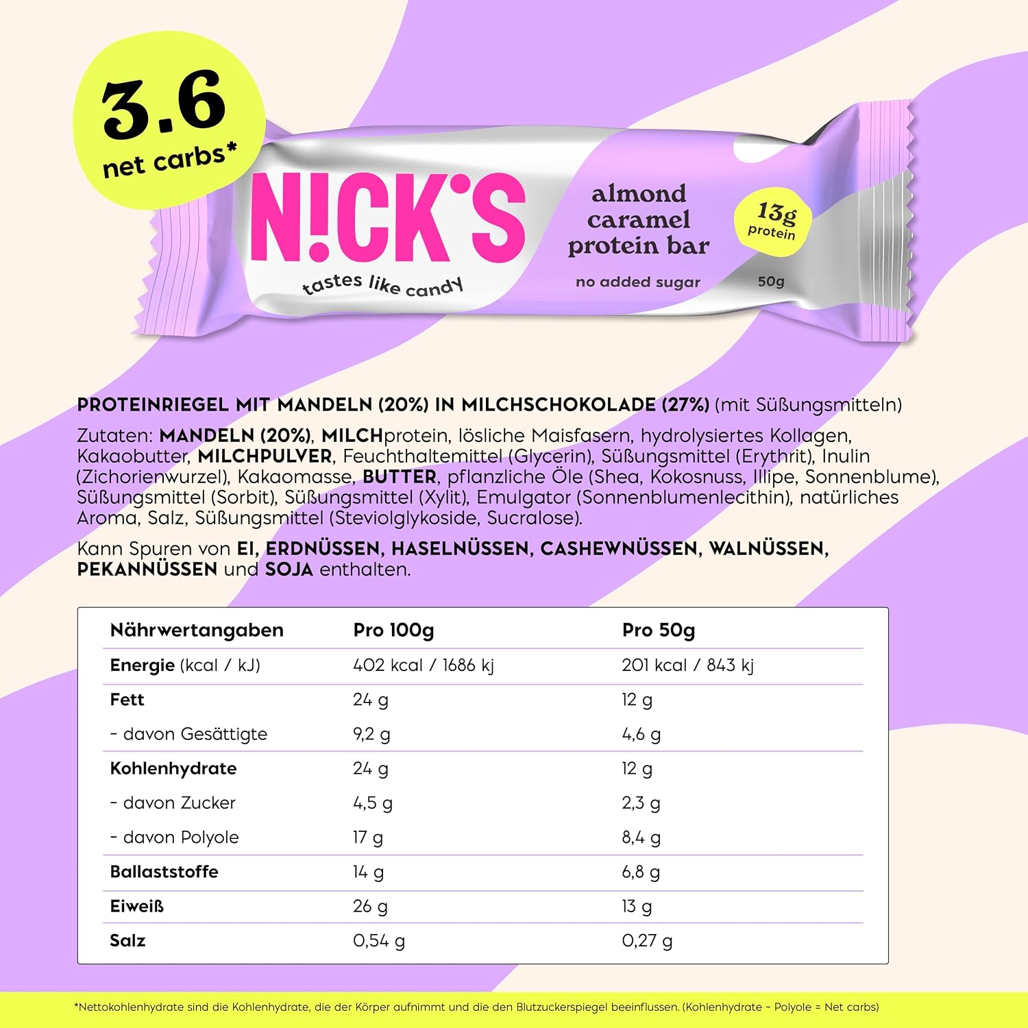 Detalle 2 de NICKS Protein Riegel Mandel Karamell 13 g Eiweiß