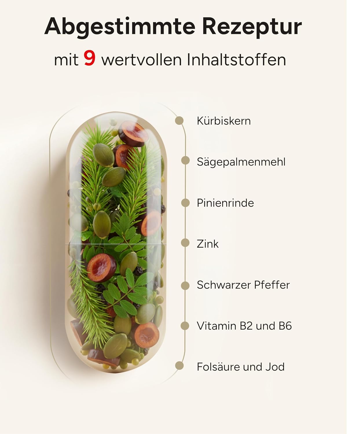 Detalle de 9-fach Komplex Prosta Fortuna Kapseln Hochdosiert – Kürbiskern-Extrakt, Sägepalmen-Extrakt & Beta Sitosterol, 4 Monate