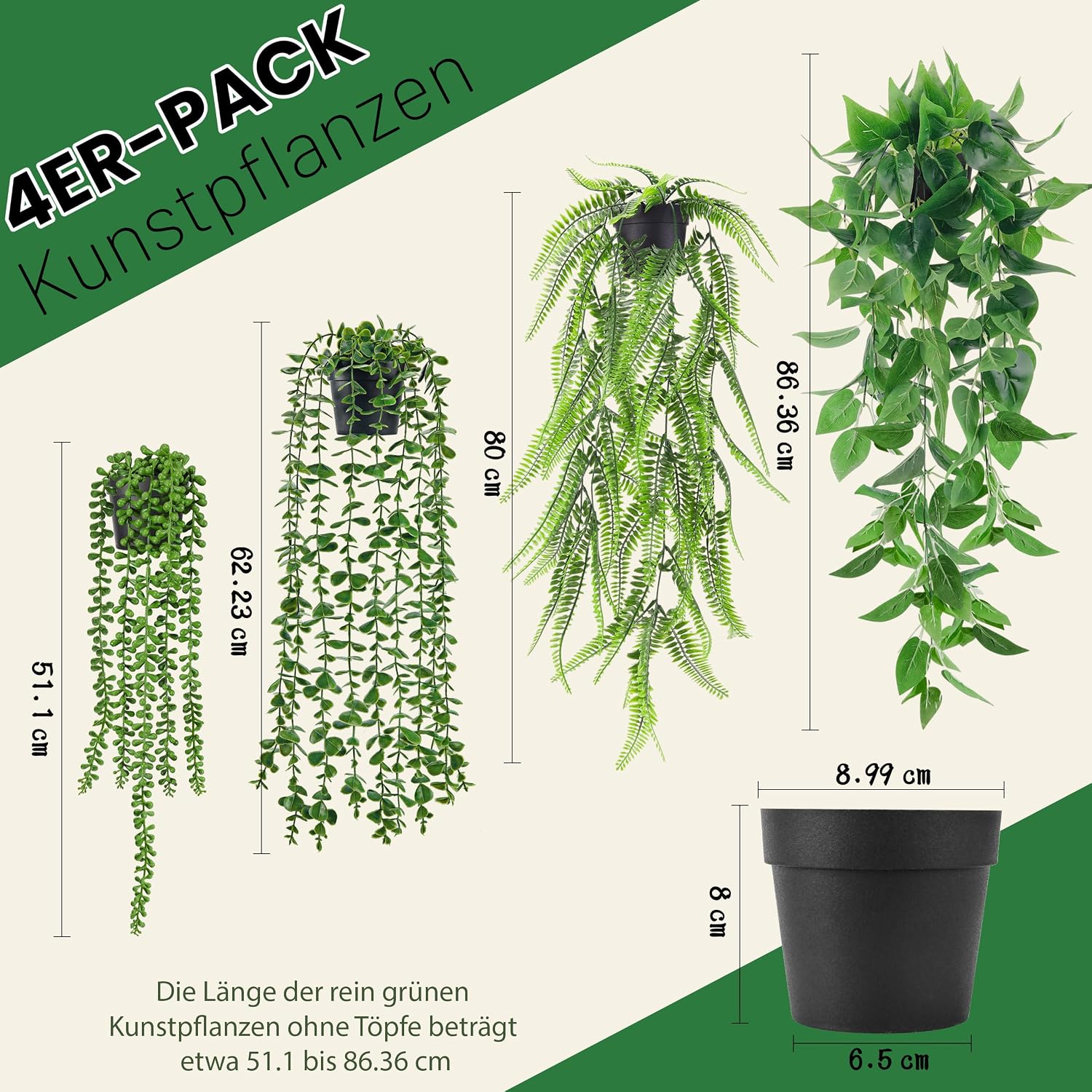 Detalle de Der Rose 4er Set Künstliche Hängepflanzen – Eukalyptus, Boston-Farn, Pothos & Perlenschnur in schwarzen Töpfen
