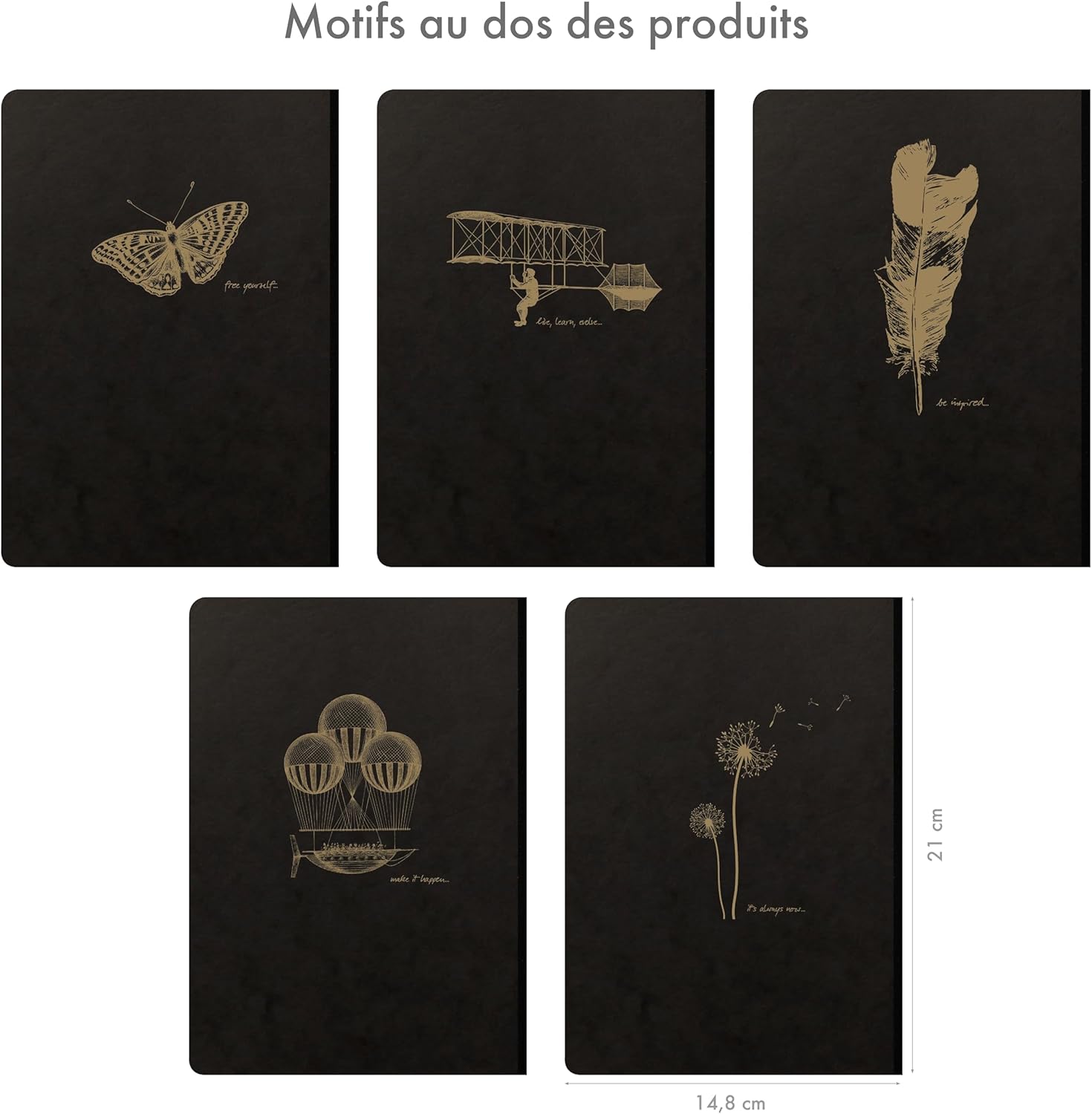 Thumbnail 3 de Clairefontaine 102546C – Paquet de 5 carnets Flying Spirit 192 pages ivoire, 14,8x21 cm, couverture noire avec finition or