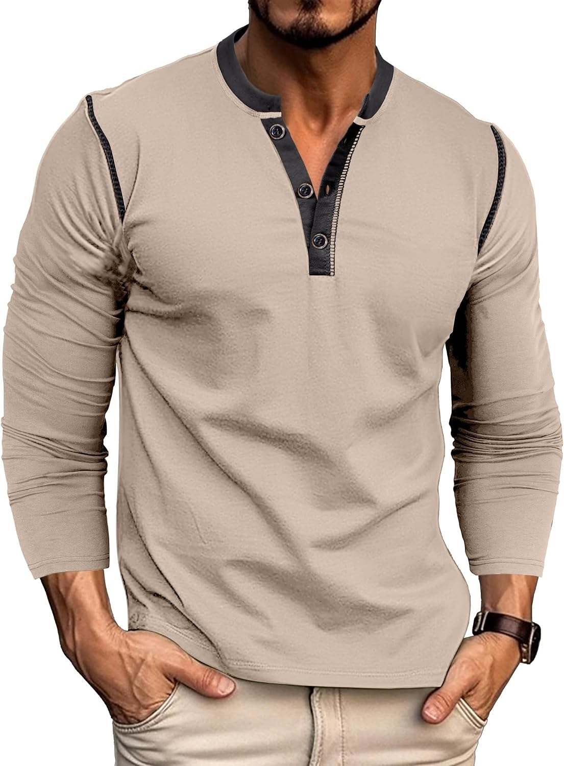 Thumbnail 6 de Rodawu Henley-Shirt Herren Langarmshirt mit V-Ausschnitt und Brusttasche