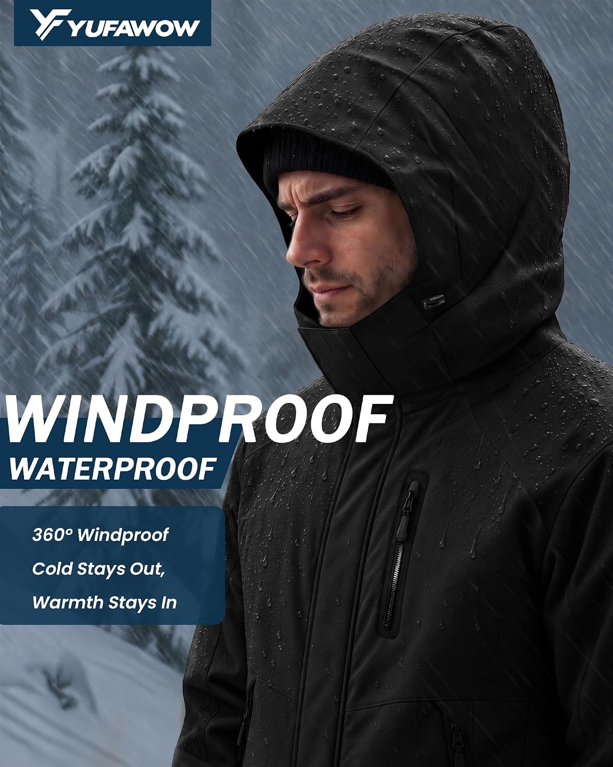 Detalle de Yufawow Men's Winter Jacket with Magnetic Placket, Fleece Lining and Detachable Hood