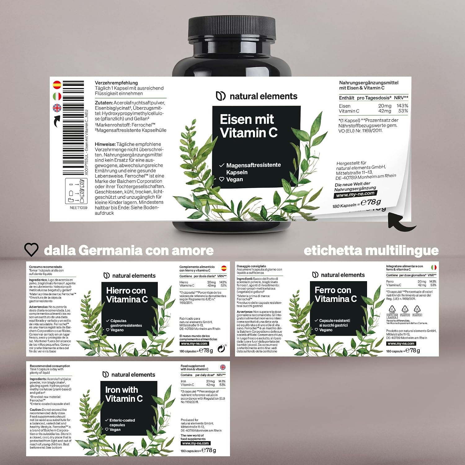 Detalle de Natural Elements Integratore Ferro 20 mg (bisglicinato ferroso) con 42 mg vitamina C naturale – 180 capsule vegane