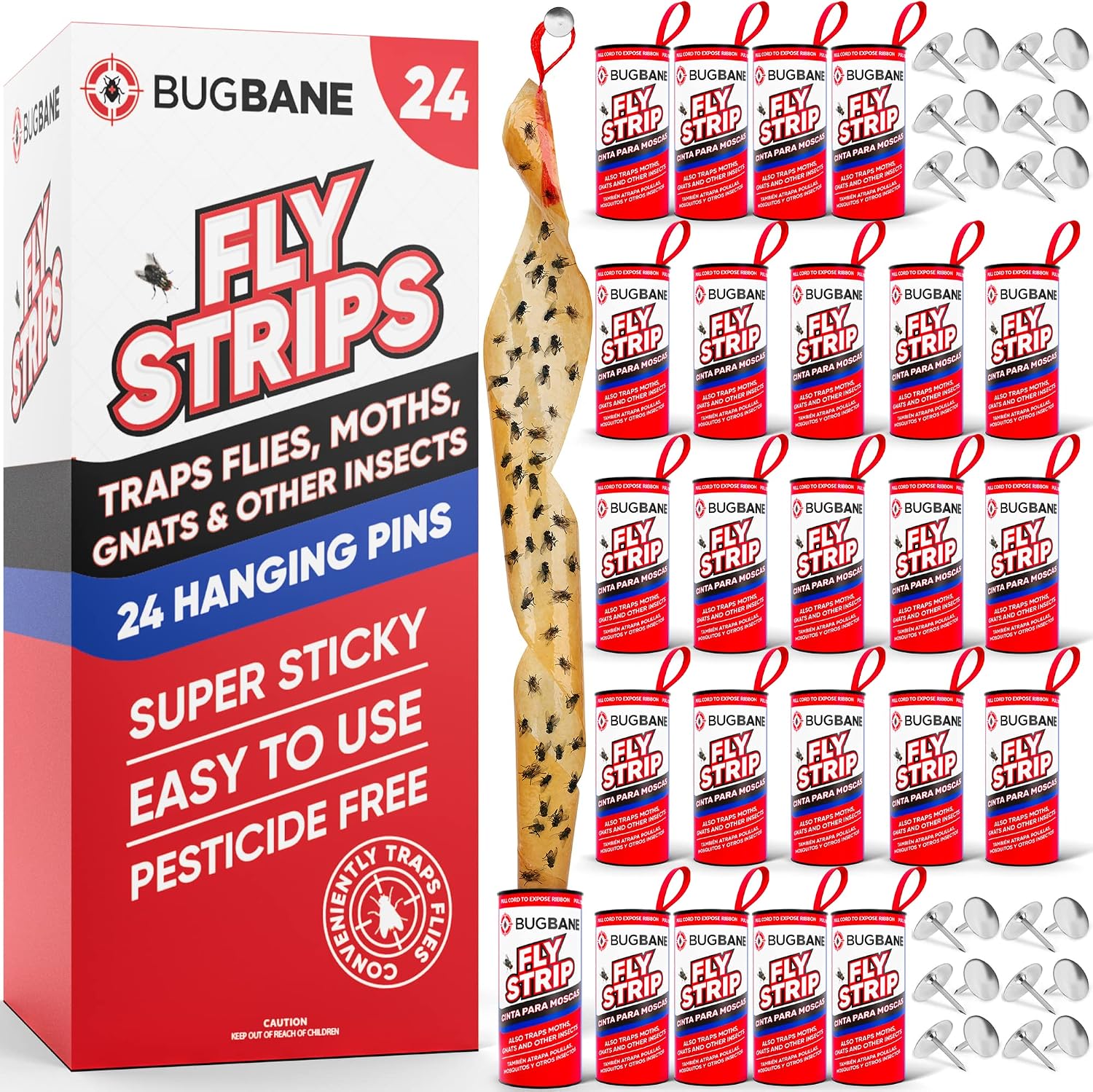 Detalle de Fly Strips Indoor Sticky Hanging 24pk with Pins – Non-Toxic Fly Tape for Home and Outdoor Use