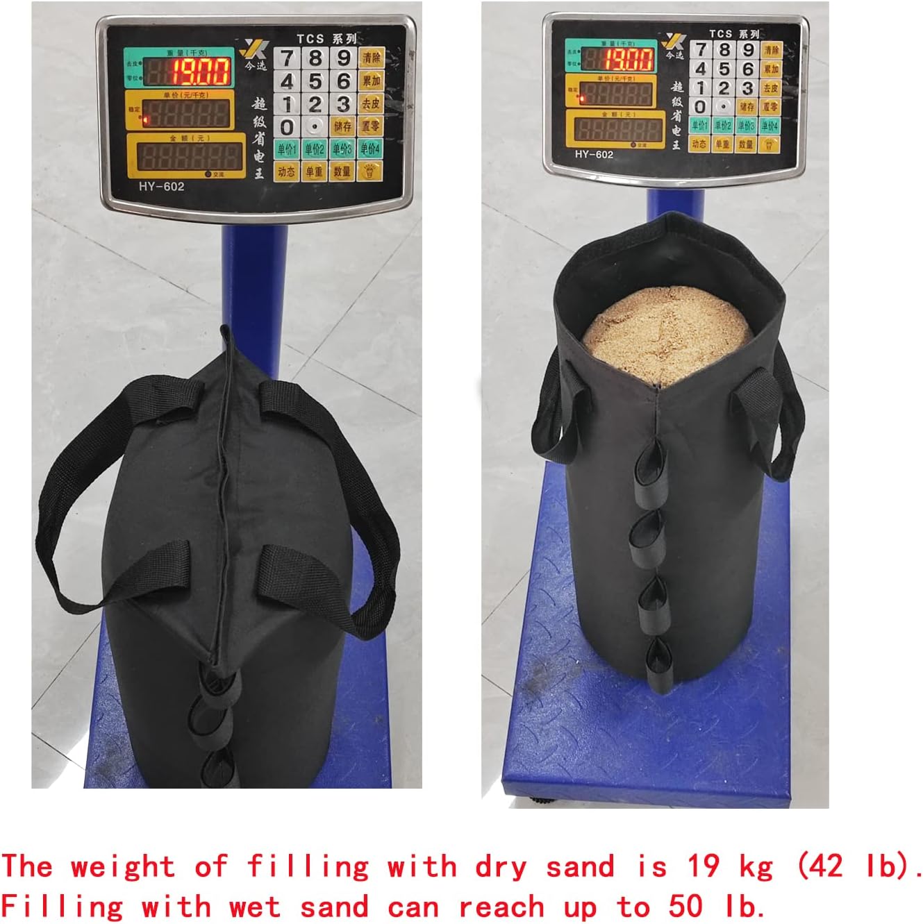 Detalle de YELAIYEHAO Heavy Duty Sandsäcke – 4 Stück, 7,9 x 19,7 Zoll, Schwarz, 50 Pfund Kapazität, doppelt genähte Tasche