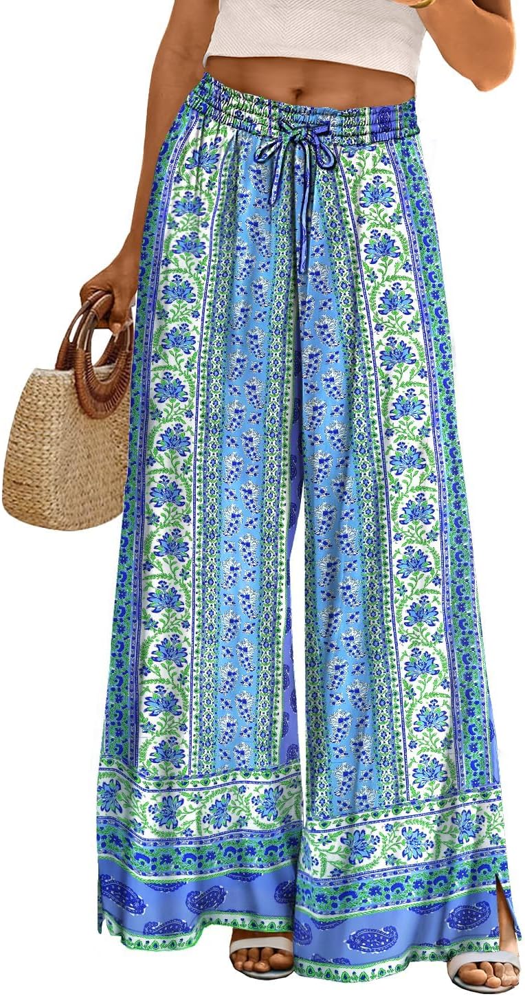 Detalle de YESNO Women Summer Flowy Wide Leg Pants with Drawstring Elastic Waist and Pockets