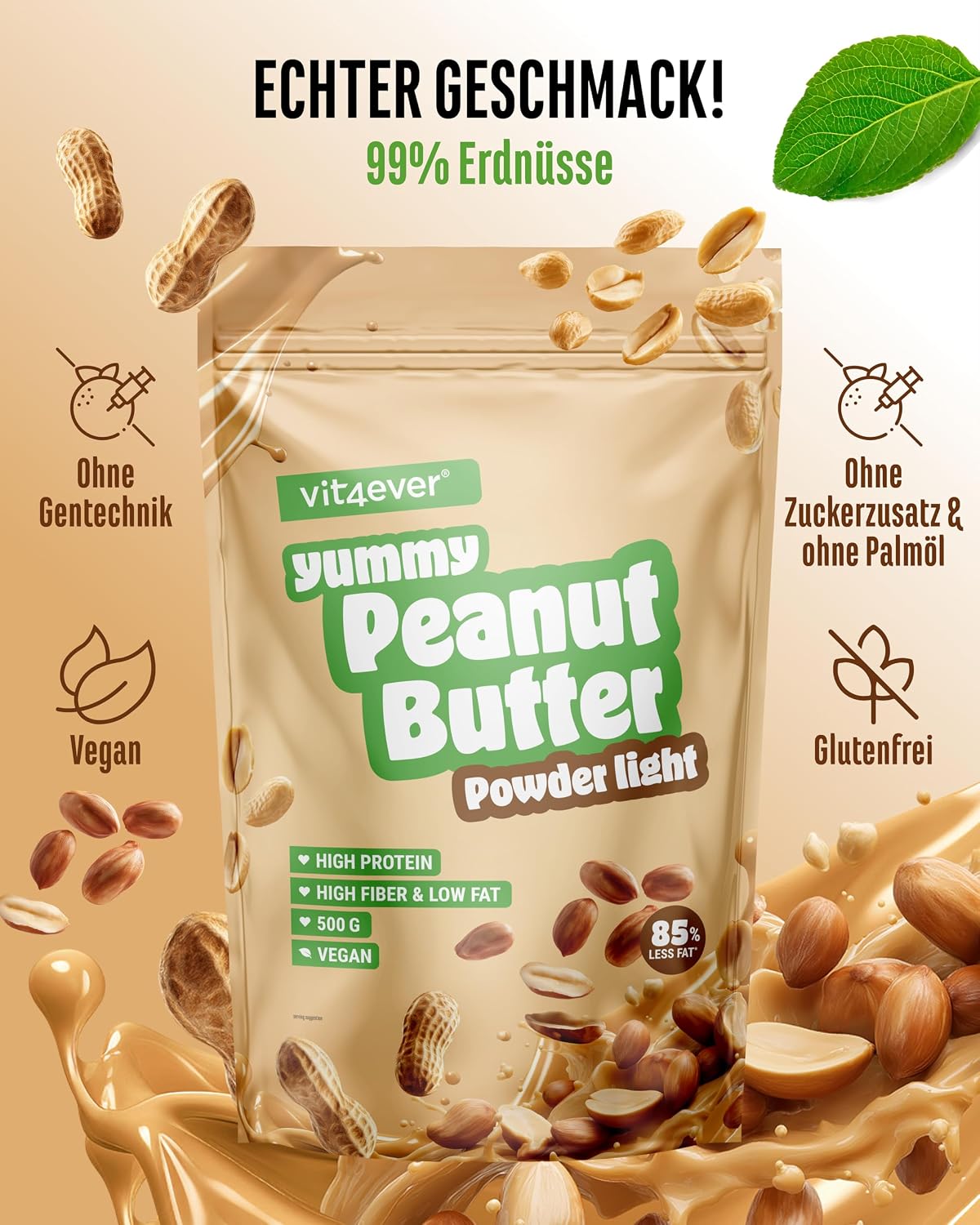 Detalle 2 de Vit4ever Erdnussbutter Light Pulver 500 g 🍯?