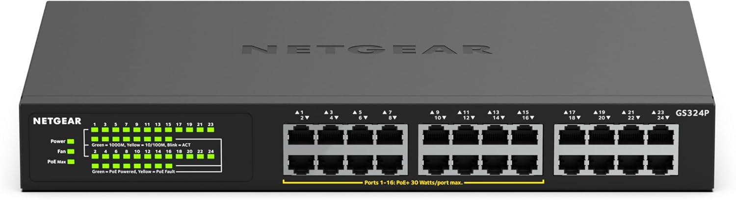 Detalle de NETGEAR Switch Ethernet PoE 24 porte Unmanaged GS324P (16 PoE+ fino a 190 W, Gigabit)