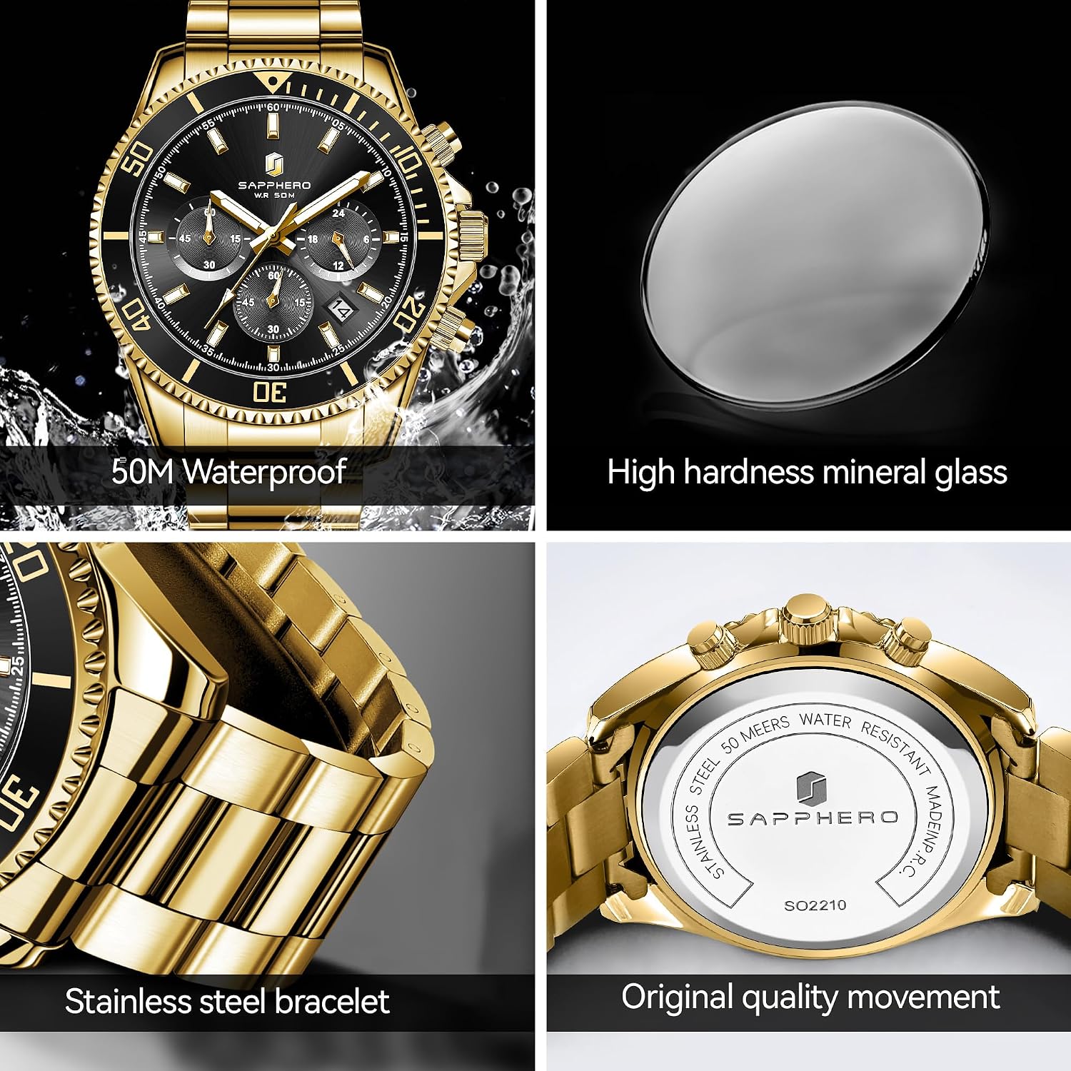 Detalle de SAPPHERO Orologio uomo analogico al quarzo con cronografo, 50M impermeabile e cinturino in acciaio