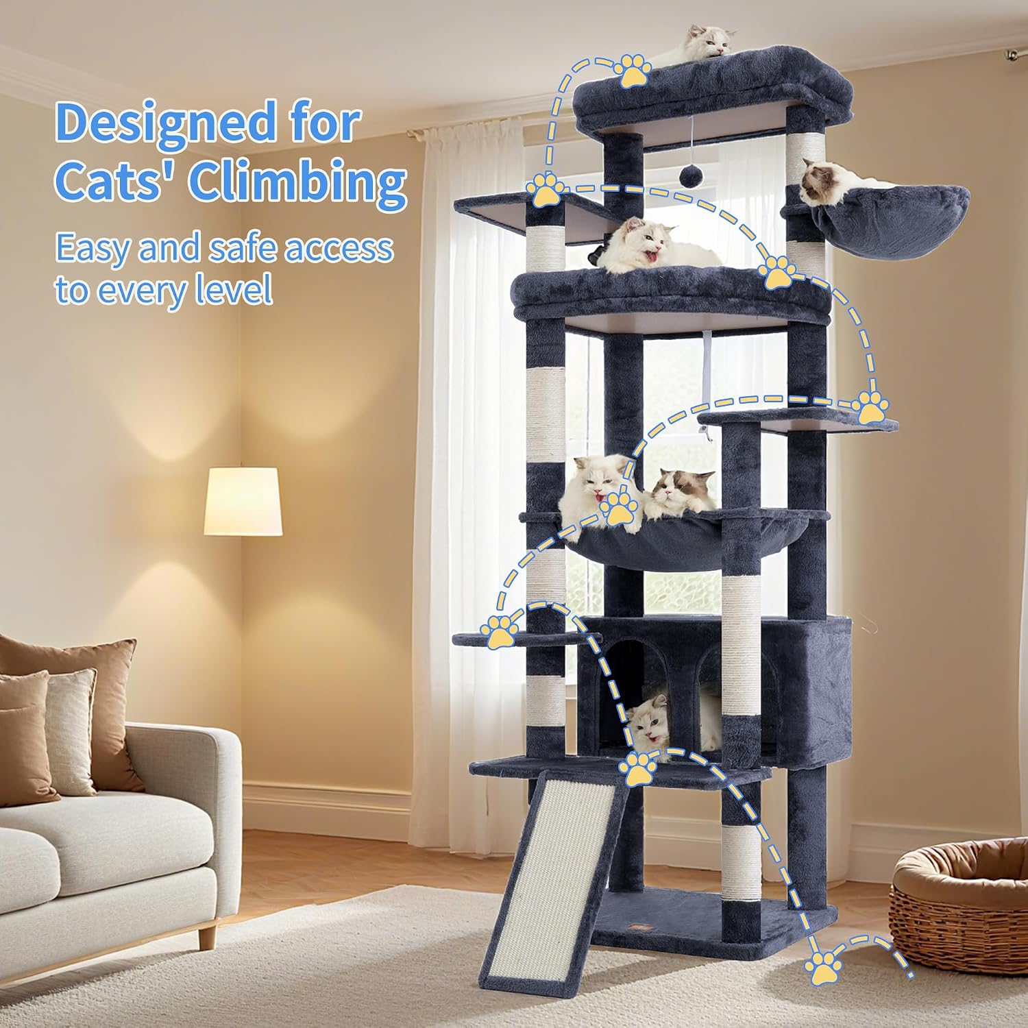 Detalle de Heybly Tall Cat Tree for Large Cats (202 cm) – Smoky Grey HCT038G