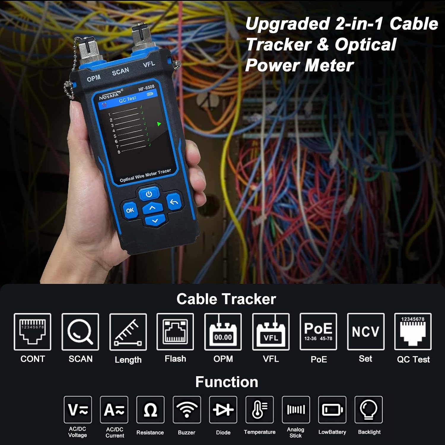 Detalle 2 de NOYAFA NF-8508 Netzwerkkabeltester – 9-in-1 Lösung mit Optischem Leistungsmesser