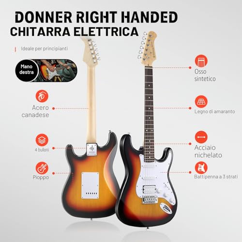 Detalle de Donner Set Chitarra Elettrica 39" DST-100S Sunburst: kit completo per principianti