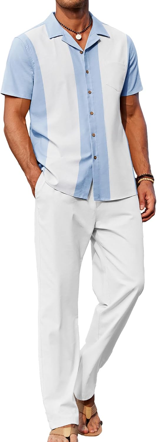 Detalle de COOFANDY Men 2 Piece Linen Outfit: Beachy Button-Down Shirt and Loose Pant Set
