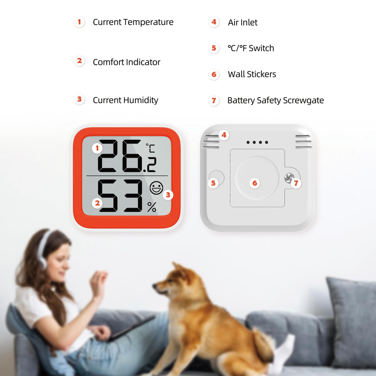 Thumbnail 2 de NOKLEAD Thermometer Luftfeuchtigkeitsmesser mit Komfort-Gesichtssymbol (Orange, 4,5 cm) für Babyzimmer & Büro