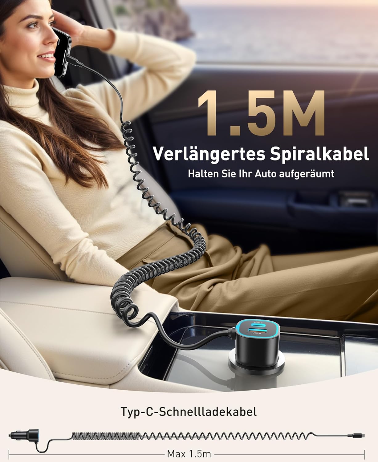 Thumbnail 2 de GuMosh 65 W caricatore auto USB-C con 3 porte (accendisigari) e cavo a spirale