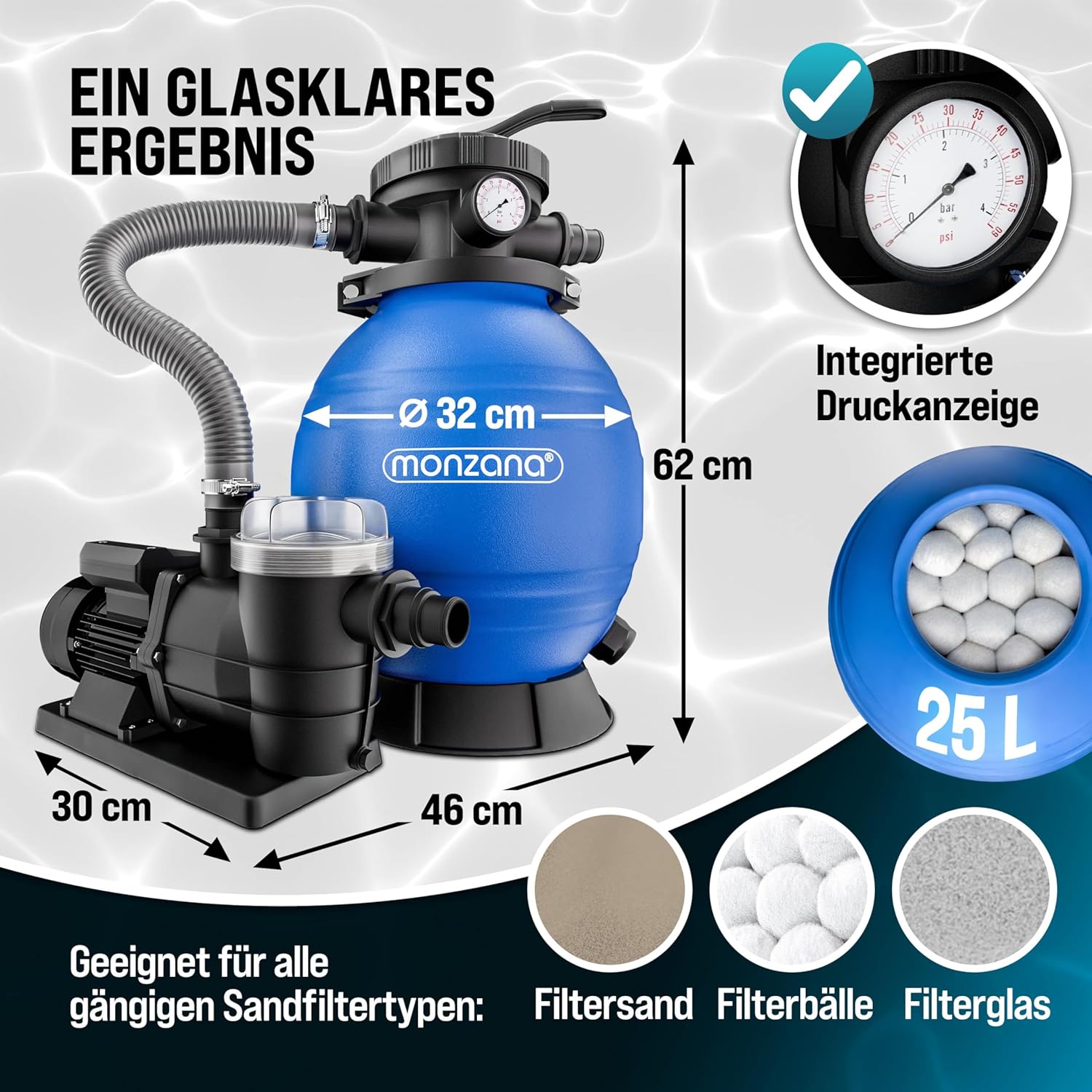 Detalle 2 de MONZANA Sandfilteranlage SF96K 9600 L/h – selbstansaugend, 400 W, 7‑Wege Ventil, für Pools bis 30.000 L