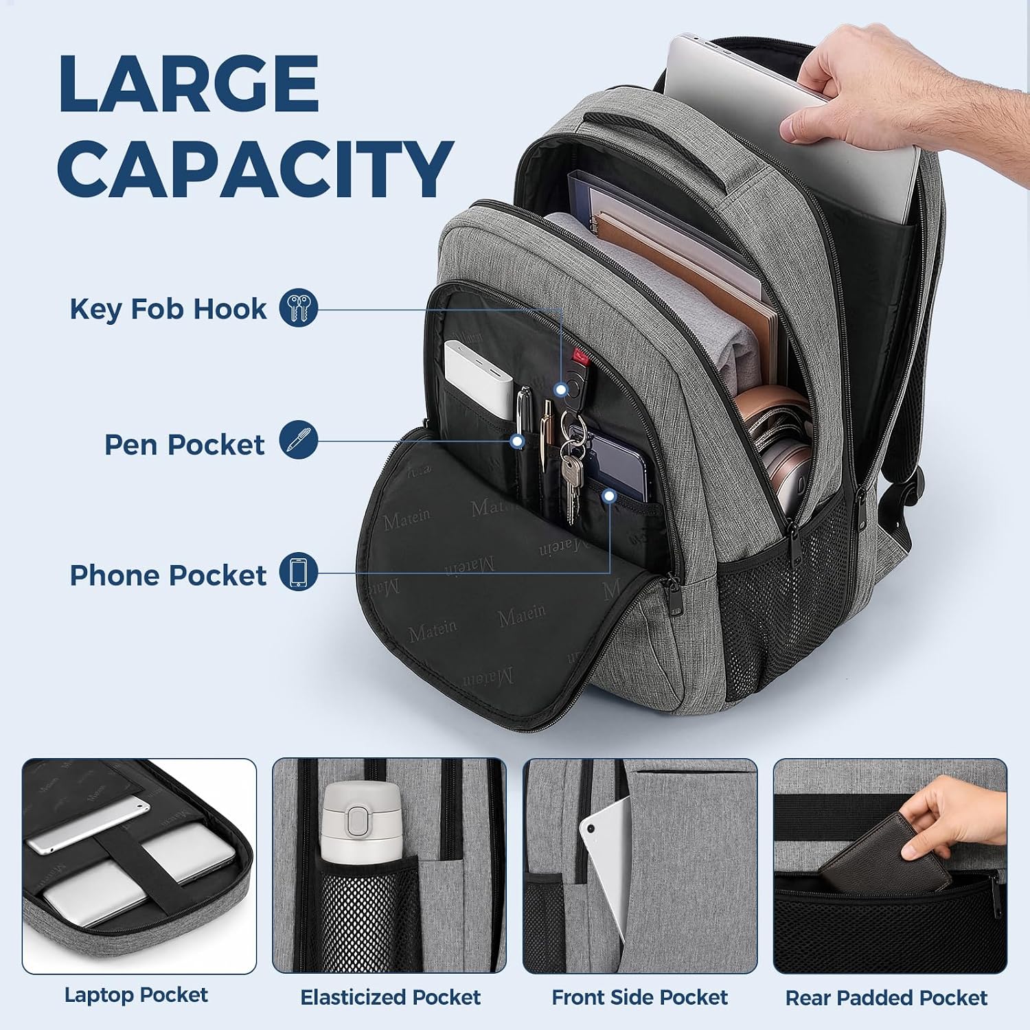 Detalle de MATEIN Travel Laptop Backpack 15.6 Inch Grey – Organized College & Travel Bag