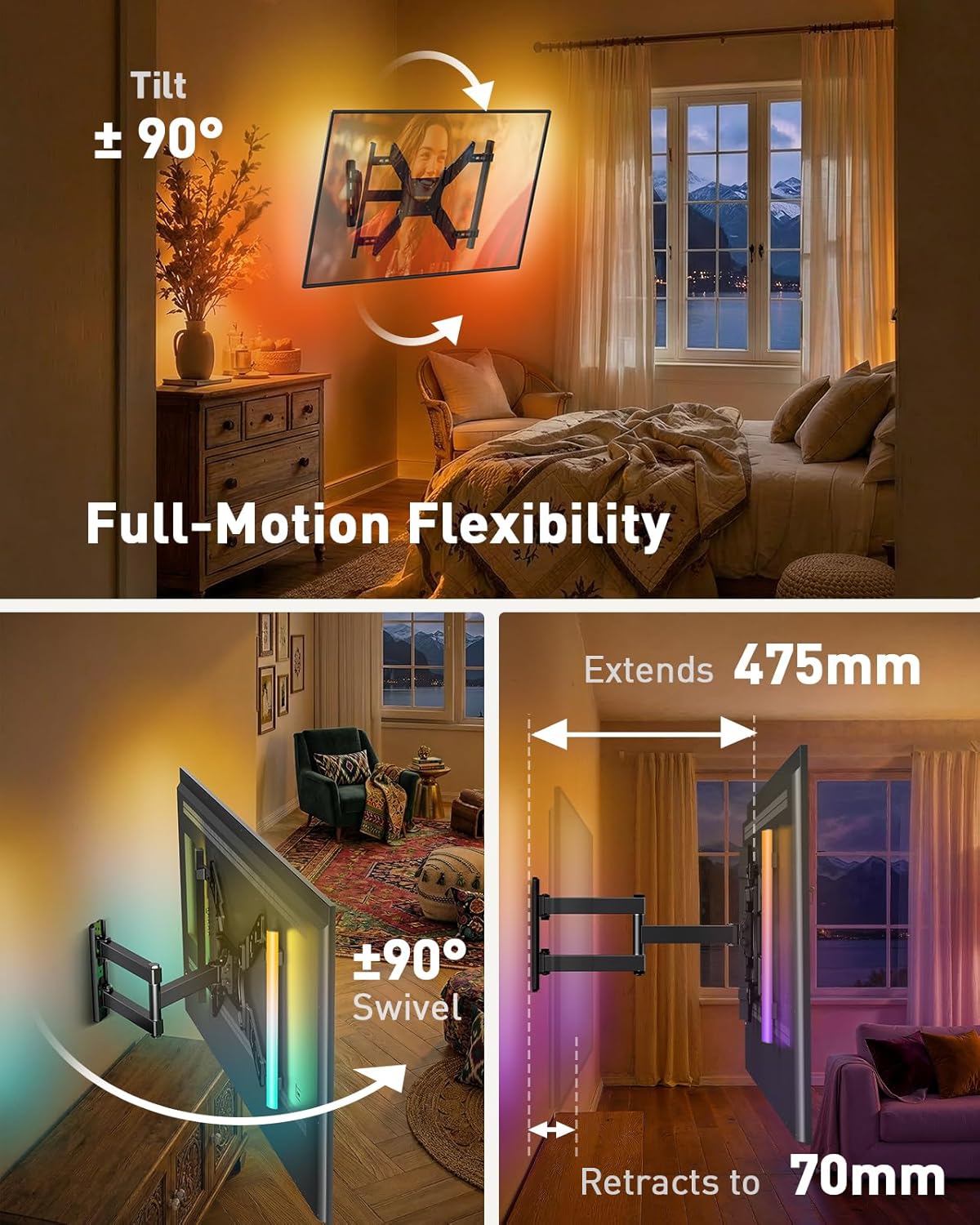 Detalle 2 de Perlegear Support mural TV LED avec éclairage PGTVM79B – 25 à 60 pouces, 45 kg, inclinaison et pivot, éclairage synchronisé