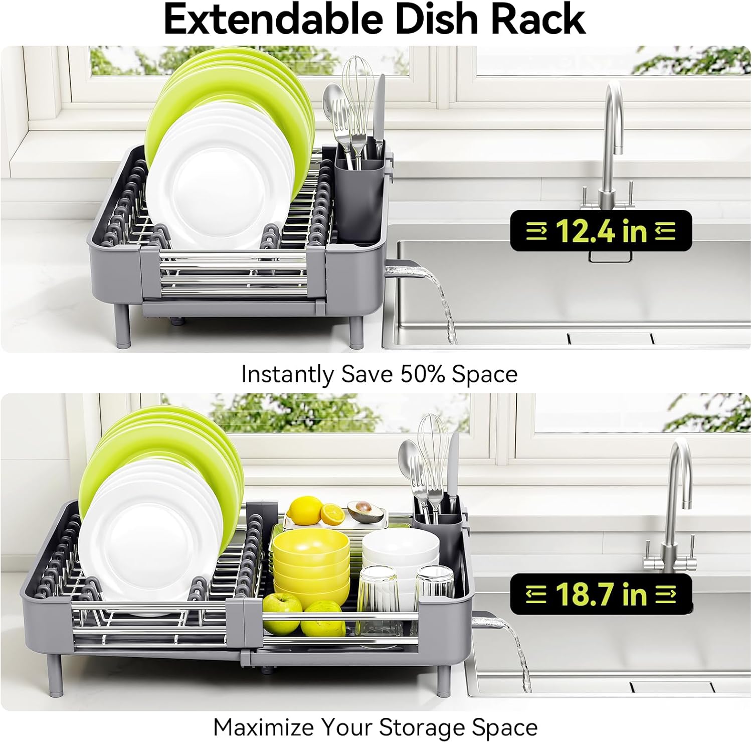 Detalle 2 de Urackify Extendable Stainless Steel Dish Drying Rack, Grey, 18.7-Inch Length