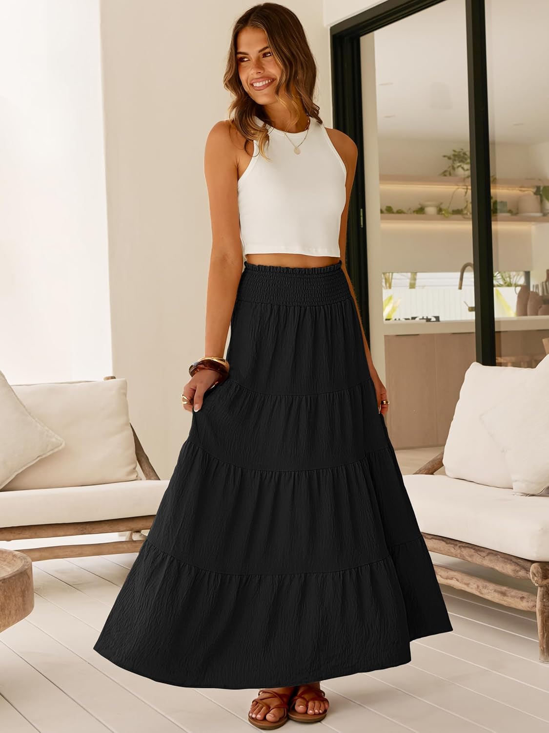 Thumbnail 5 de ANRABESS Women's Maxi Skirts — Elastic High Waist, A-Line Tiered Boho Style