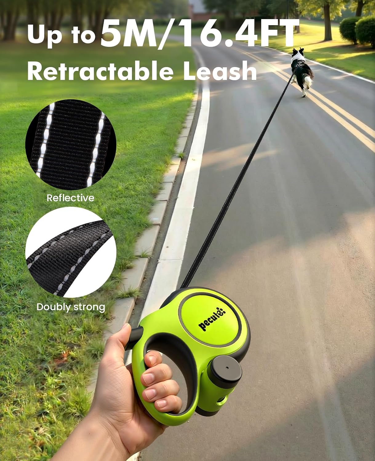 Thumbnail 3 de Pecute Retractable Dog Leash with Poo Bag Holder — 5m, 360° Anti-Tangle, One-Handed Brake for Medium/Large Dogs (Up to 50kg)
