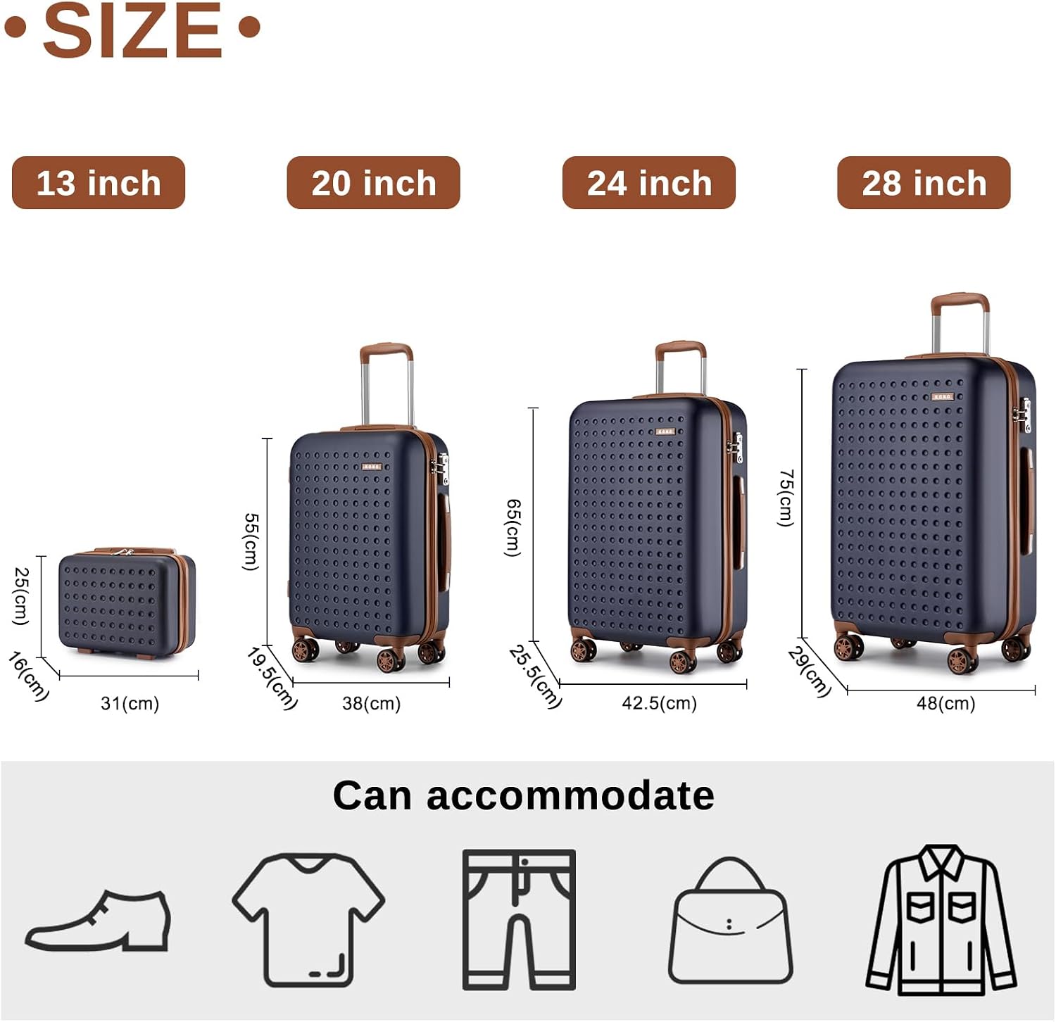 Detalle 2 de Kono Set de 3 Valises Soute ABS Rigide (31/57/67/76 cm) – 4 roulettes 360° et serrure TSA Marine