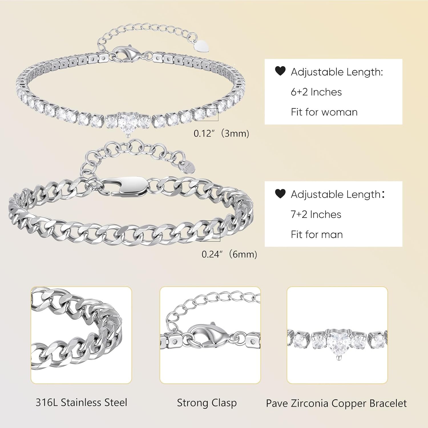 Detalle de VNOX Couples Bracelets for Valentines Day Gifts – Stainless Steel Matching Bracelets for Him & Her