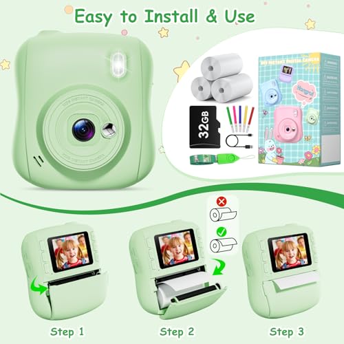 Detalle de Hangrui Cámara Fotos Infantil Instantánea 1080P con Tarjeta 32GB, Papel + Bolígrafos de Colores – Verde