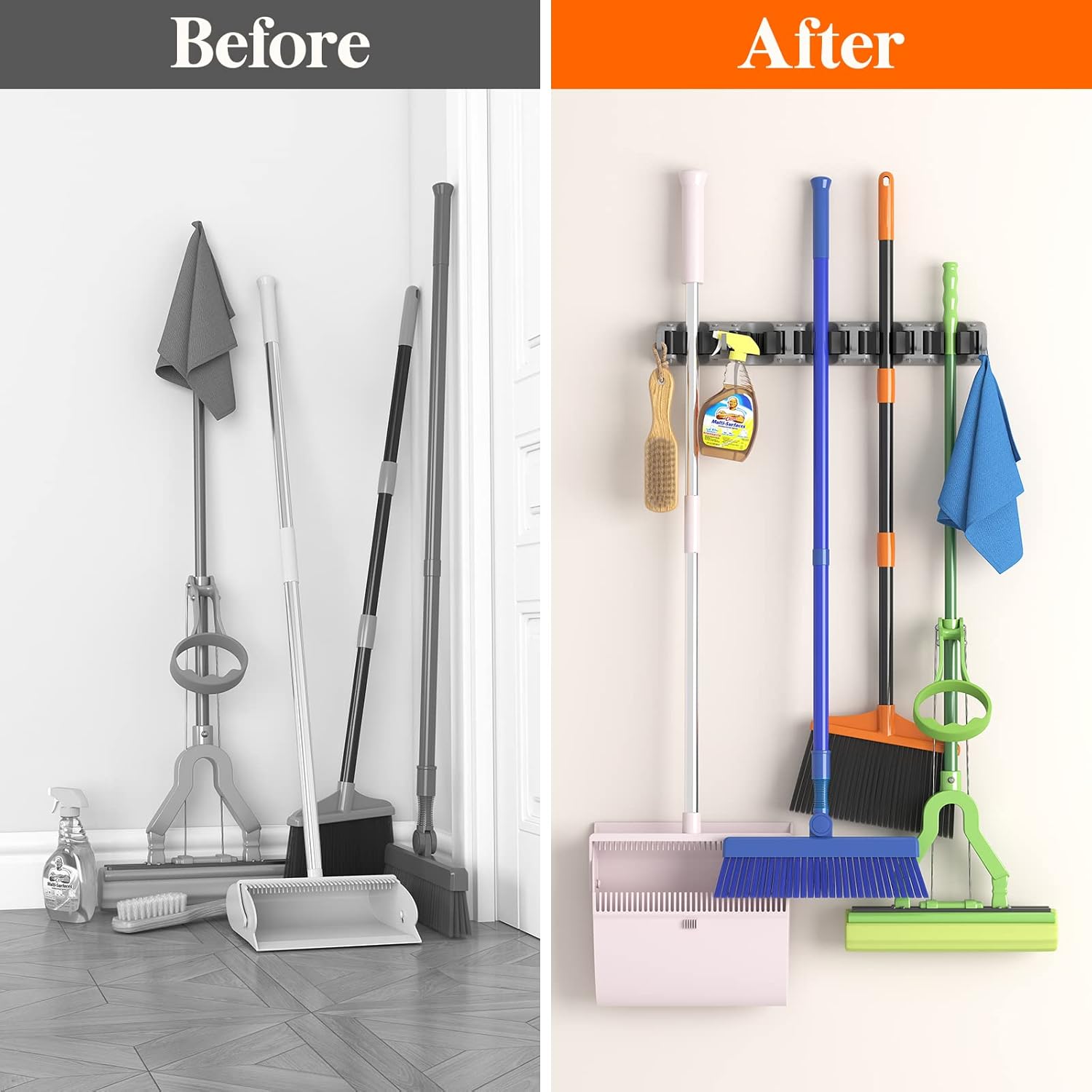 Detalle 1 de Lifewit 22068 Wall-Mounted Broom and Mop Holder, 5 Slots and 6 Hooks