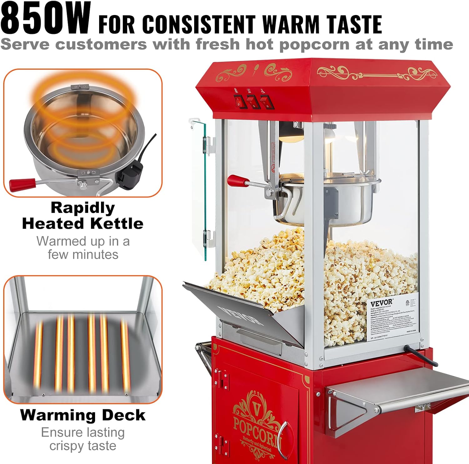 Detalle de VEVOR Machine à Pop Corn avec Chariot – Électrique 850 W, Grand Bol 227 g, 48 Tasses, Verre Trempé, ROUGE