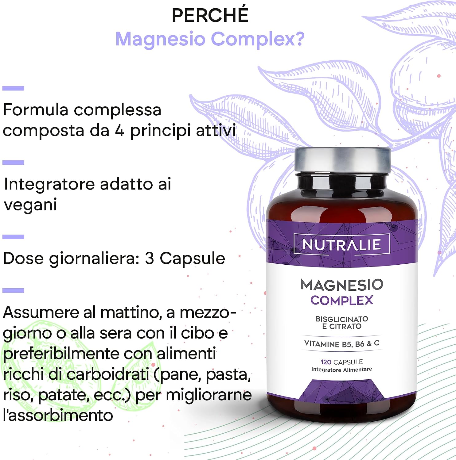 Detalle de Magnesio Bisglicinato + Citrato 2145mg - Vitamine B5, B6 e C - Nutralie, 120 Capsule Vegane
