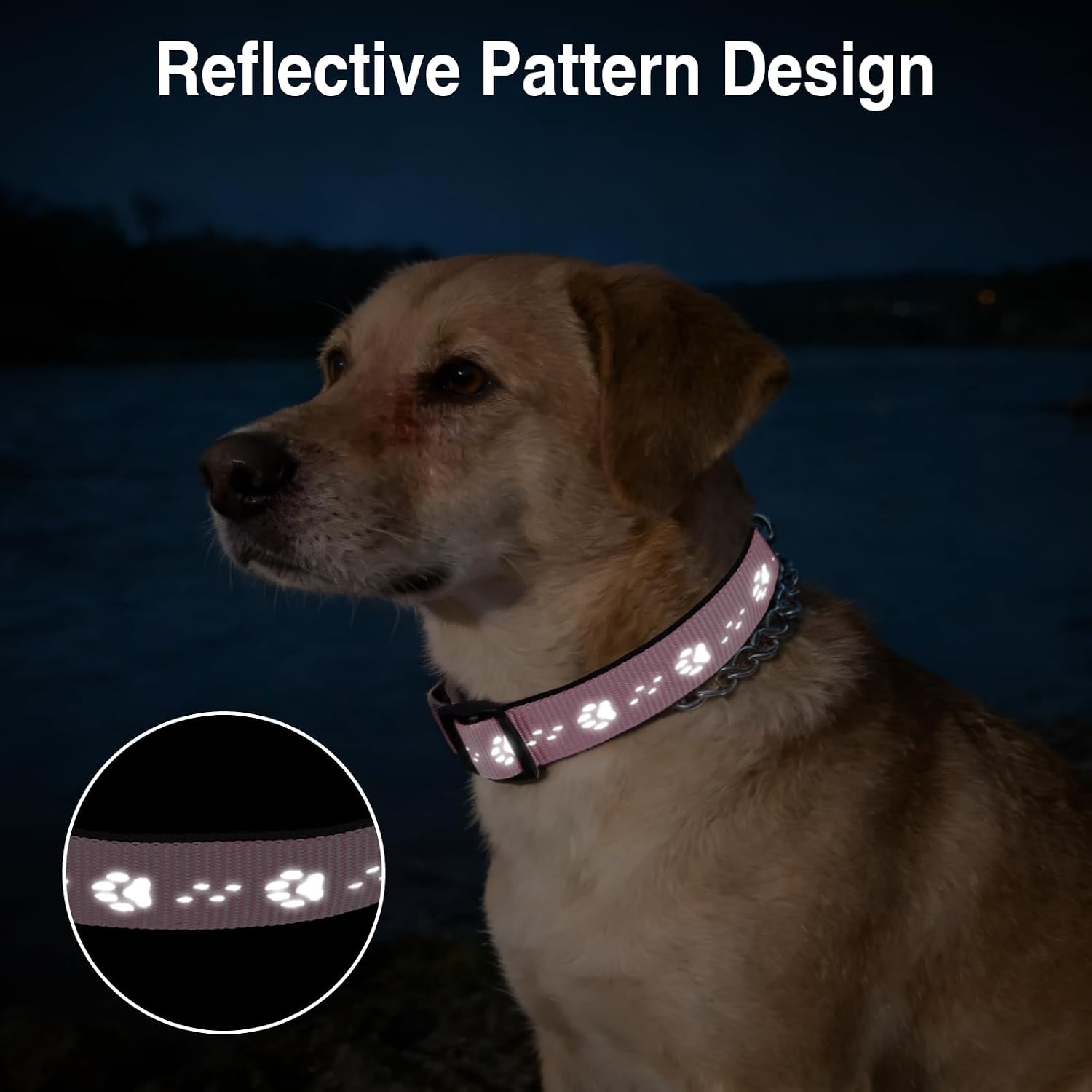 Detalle de TDTOK MT-01 Martingale Dog Collar, Reflective Pink Nylon, Steel Chain and Neoprene Padding