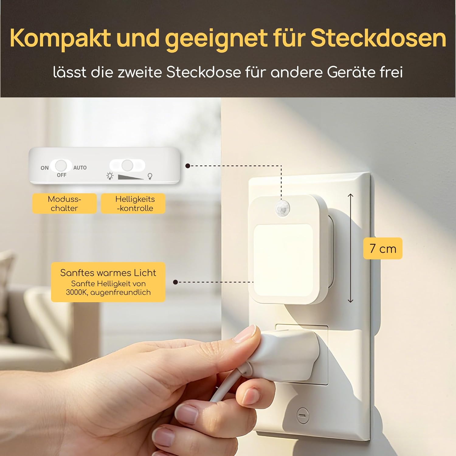 Thumbnail 6 de Nachtlicht Steckdosen mit Bewegungsmelder – 2er-Set, warmweißes Licht, dimmbar, automatischer Auto-Modus