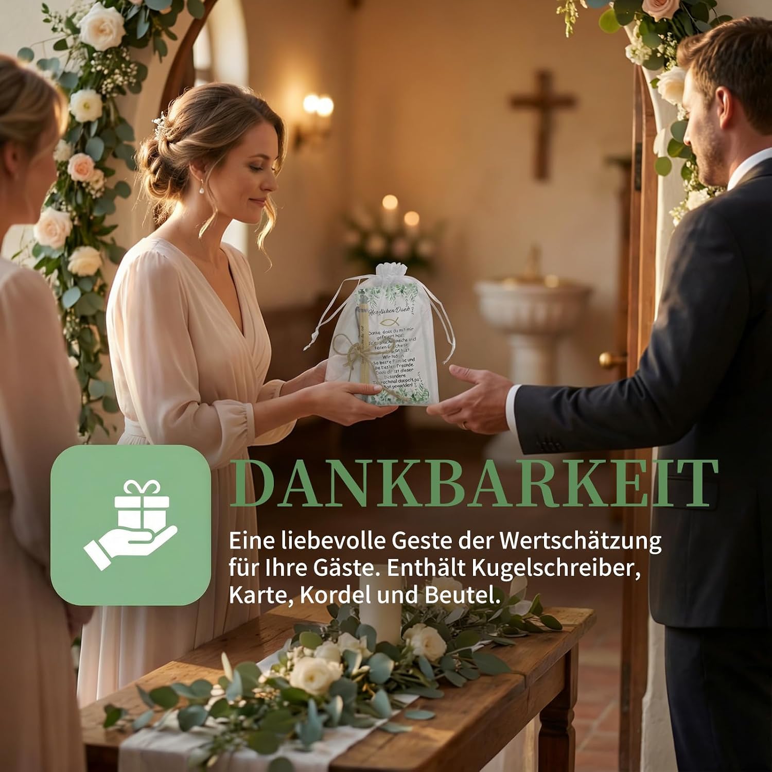 Detalle de Gastgeschenke Kommunion: 20er Set Bambus-Holz-Kugelschreiber mit Dankeskarte, Holzfisch & Organzabeutel