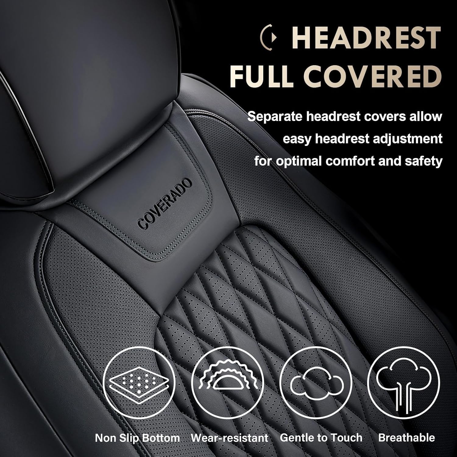 Detalle 2 de Coverado Leather Seat Covers Full Set for Ford F-150 F-250 F-350 F-450 (Black) — Crew Cab Only, Waterproof, Heated/Cooled Compatible
