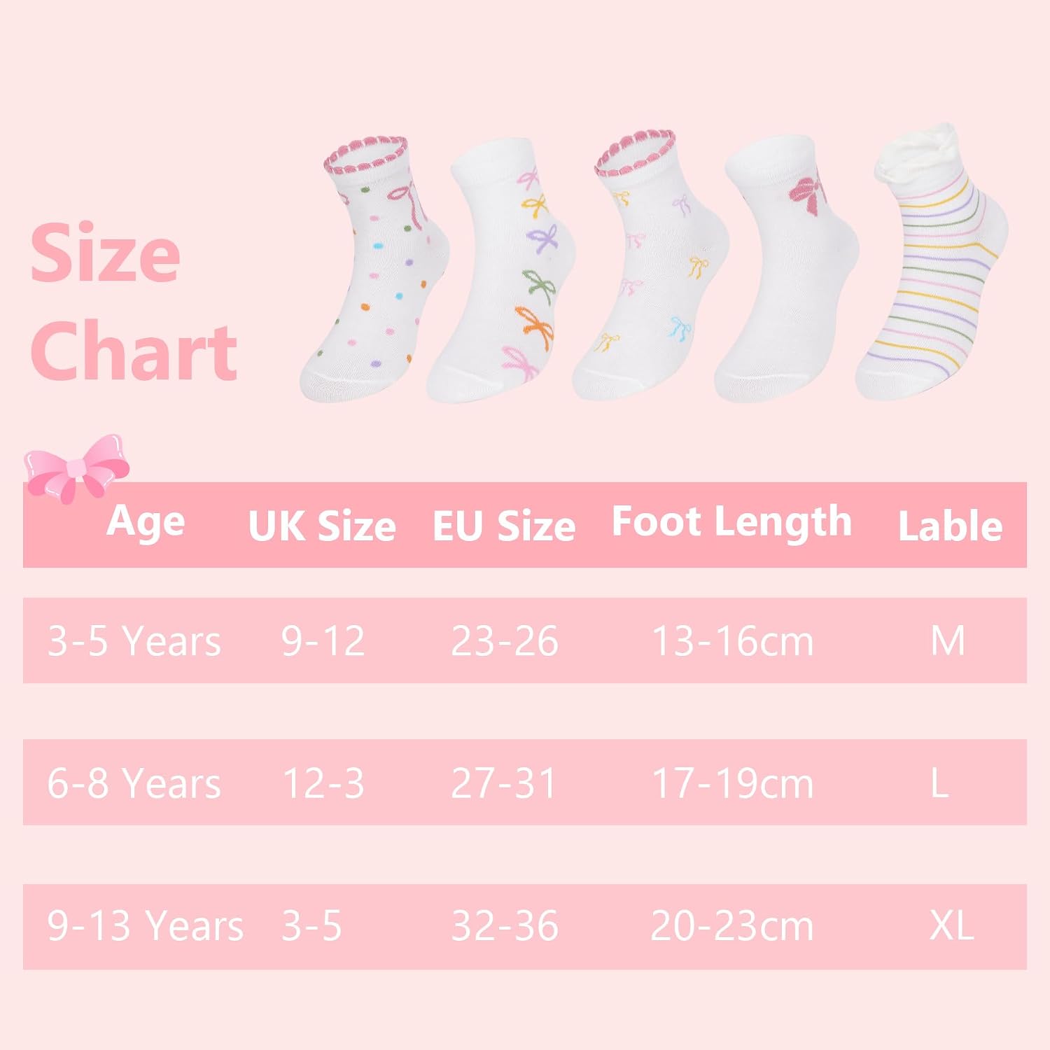 Thumbnail 5 de Zzxlw Girls Socks 10 Pairs Gray Pink – Cute Multicolour Mid-Cut Socks with Bow Design