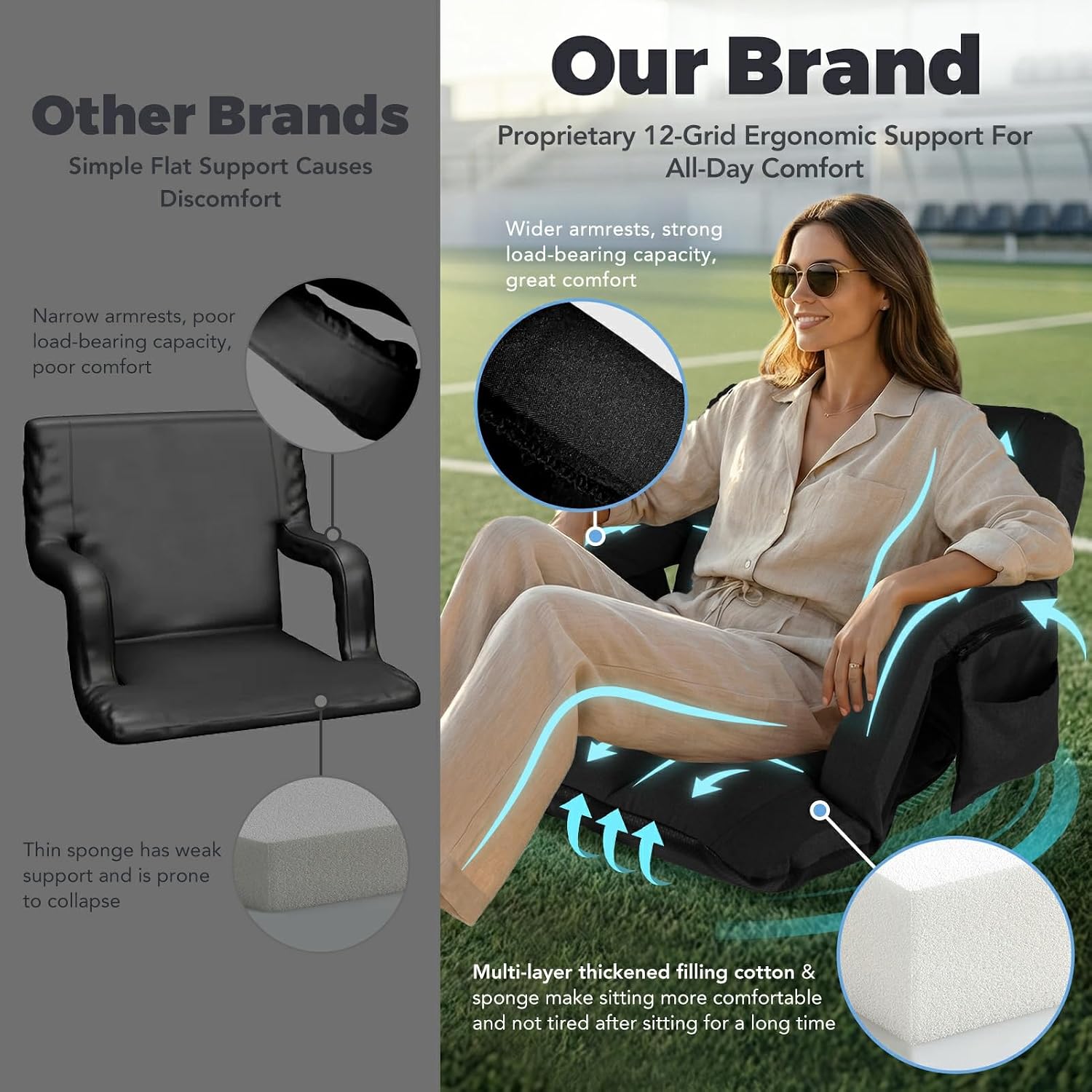 Detalle de yeyeeyyee 1P-25-Black Reclining Stadium Seat, 4.7-Inch Cushion