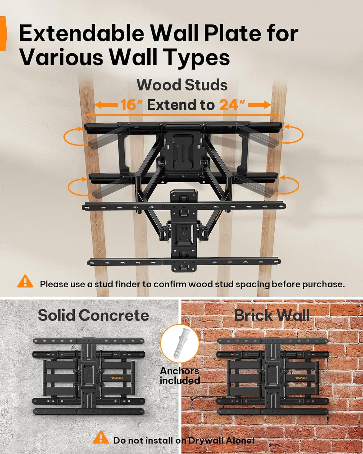 Thumbnail 2 de Perlegear Ultra Slim TV Wall Mount (1.1" Low Profile) Full Motion for 42–90" TVs, VESA 200x200–600x400, 132 lb Capacity