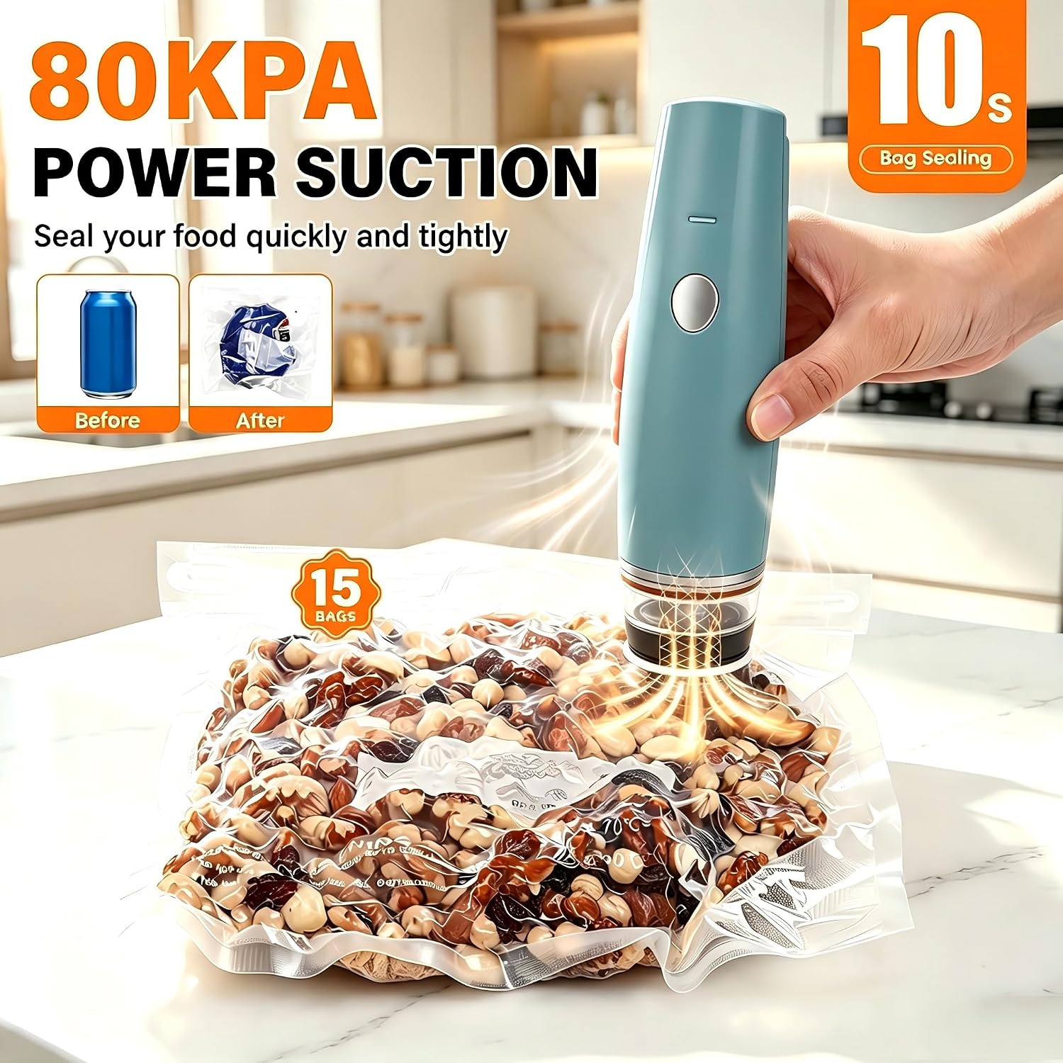 Detalle 2 de MZROT -80kPa Compact Vacuum Sealer for Food (Vacuum Sealer Machine + 30 Reusable Bags)