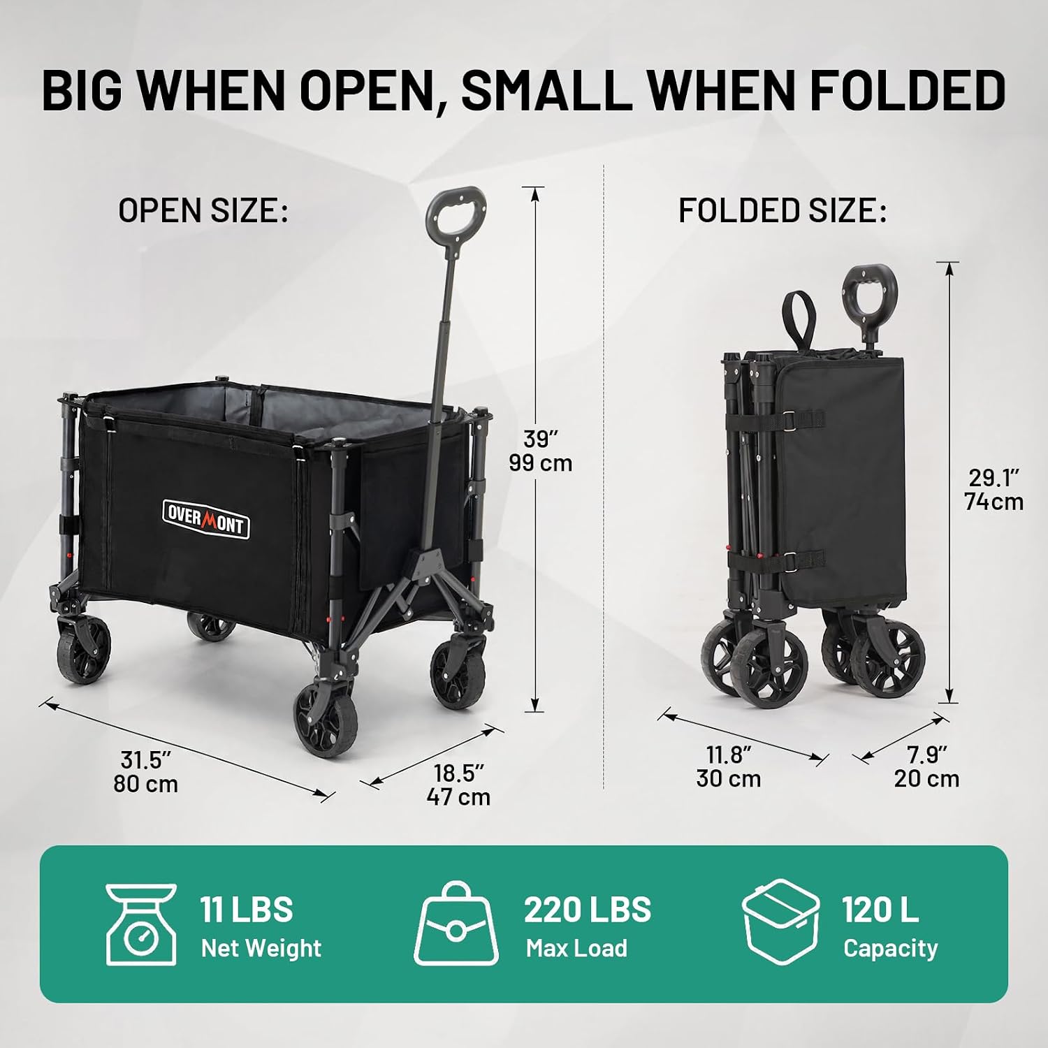 Detalle 1 de OVERMONT 120L wagon-Blk 3-in-1 Collapsible Wagon Cart with Swivel Wheels