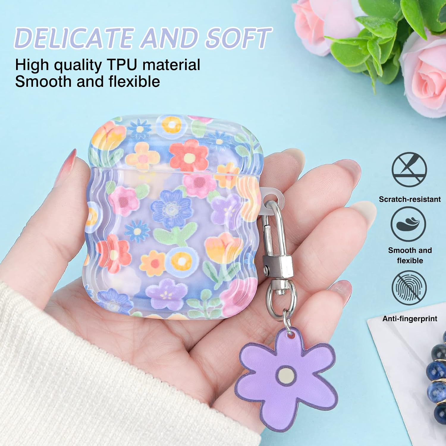 Thumbnail 5 de Newseego AirPods 1/2 Case Cover with Flower Pattern – Soft TPU, Shockproof Protection + Keychain