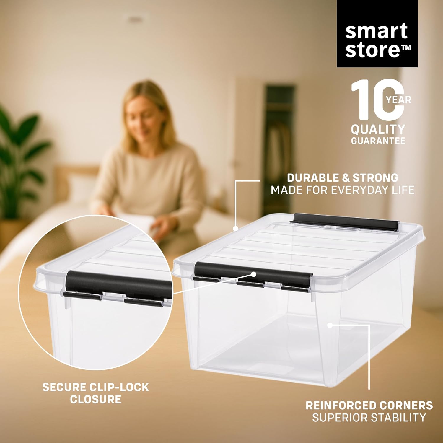 Detalle de SmartStore pojemniki do przechowywania 14 l, 4 sztuki, przezroczyste, z pokrywkami na klips