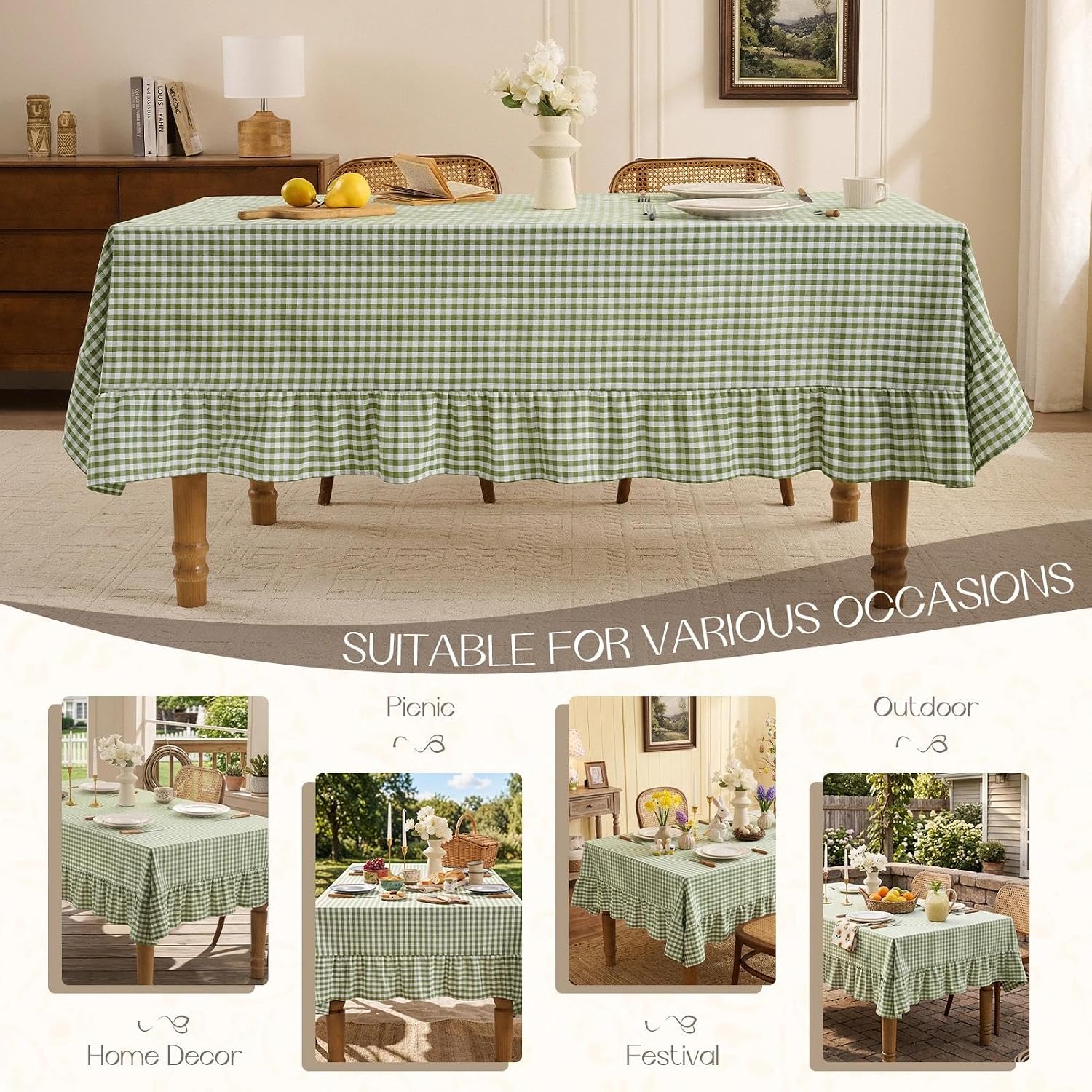 Detalle 2 de Romanstile Gingham Ruffled Tablecloth Rectangle - Sage Green, Waterproof Linen Cotton Checkered, 60 x 84 Inch