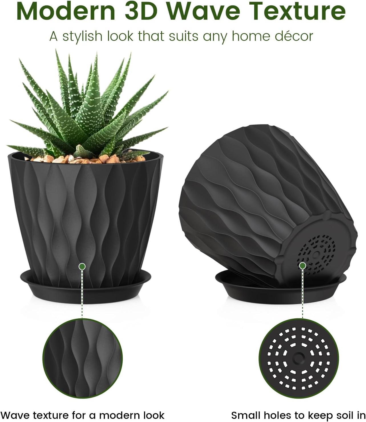 Thumbnail 2 de WSMKSZ 17.6 cm Plant Pots – 5 Pack with Drainage Holes and Saucers, 3D Wave Texture, Black