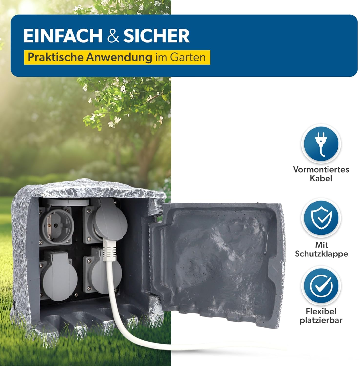 Thumbnail 5 de UNITEC Steckdosenverteiler Garten Steinoptik – 4 Steckdosen, IP44, Außensteckdose