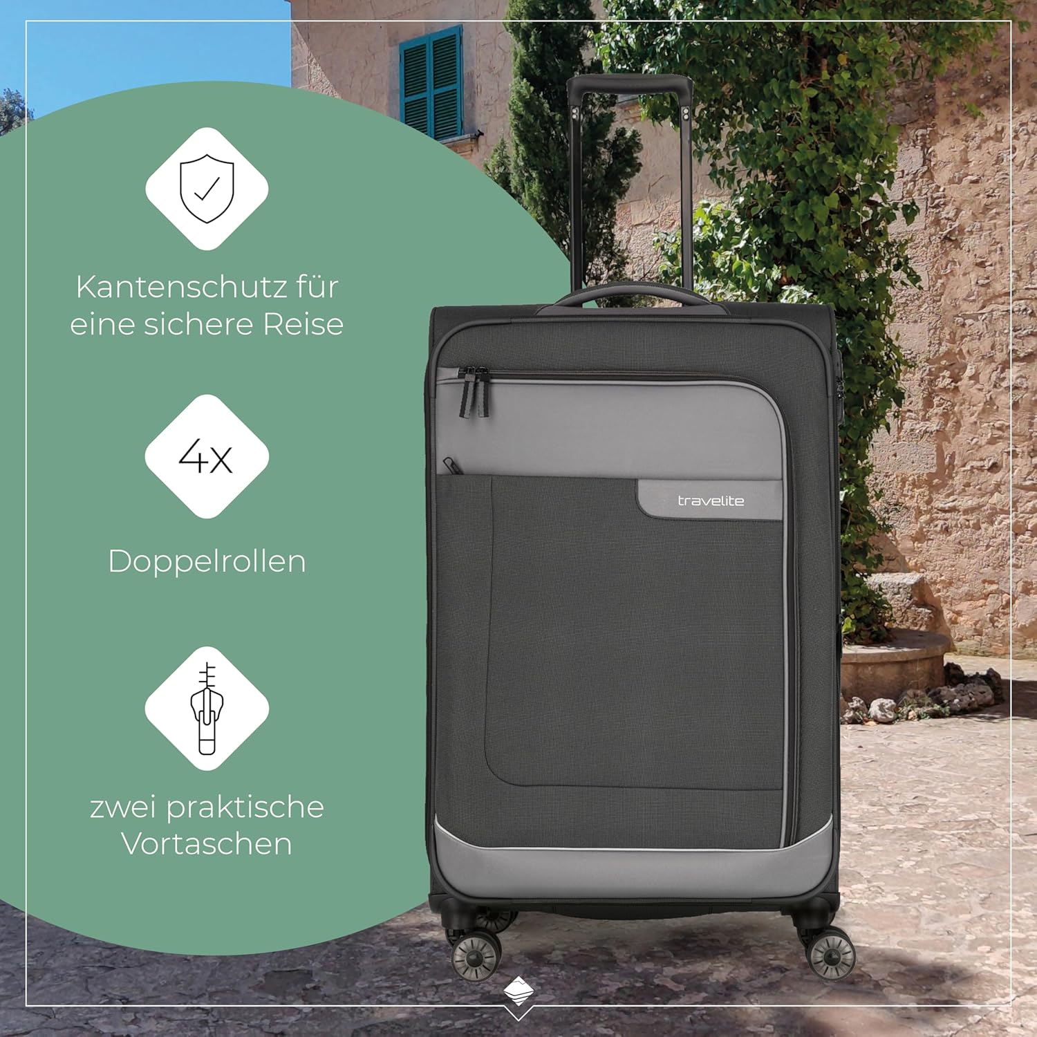 Detalle de Travelite VIIA 4-Rad Koffer Größe L – Weichschale aus recyceltem Polyester, 91–103 L, 77 x 47 x 30–34 cm