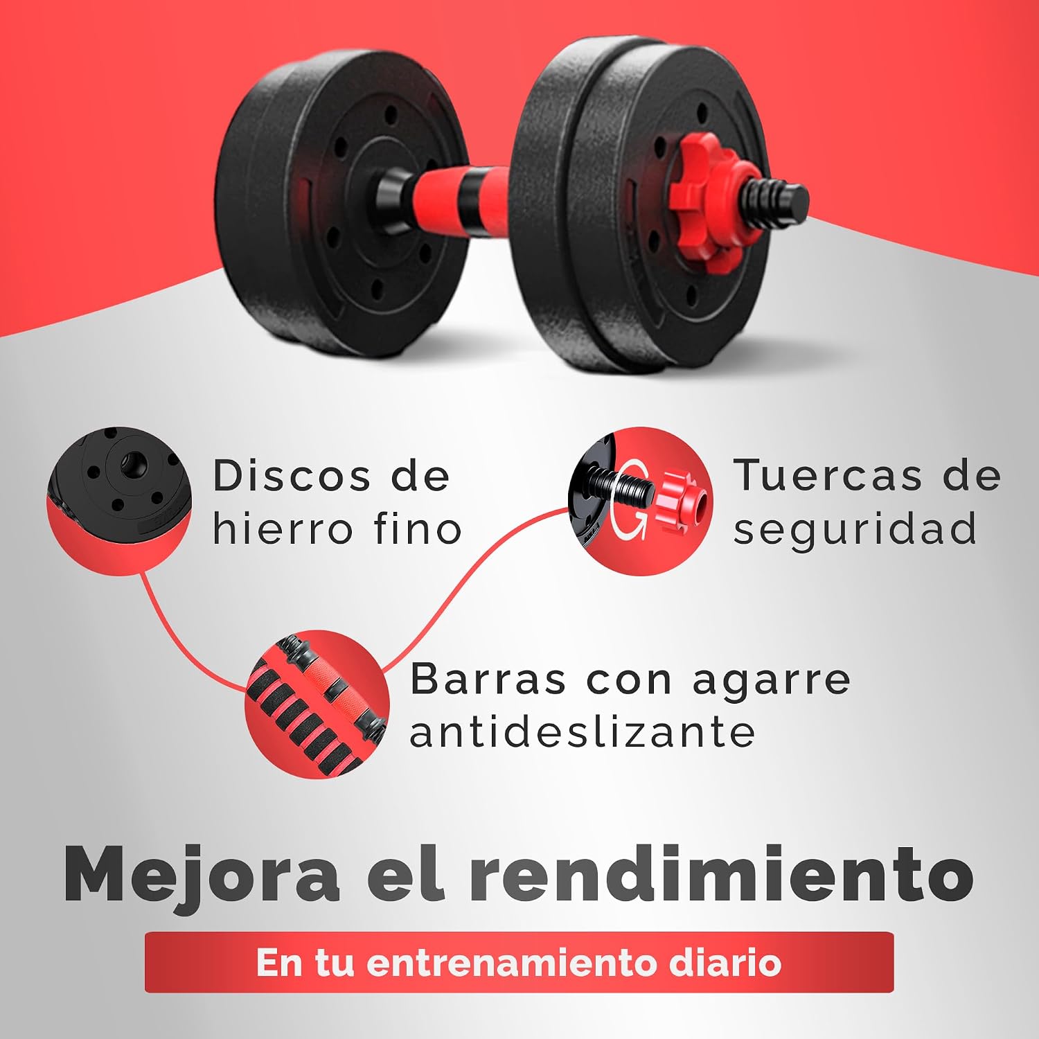 Detalle de JUPPLIES Juego de Mancuernas Ajustables 2 en 1 de 10 kg, Barra Recta y Discos Recubiertos
