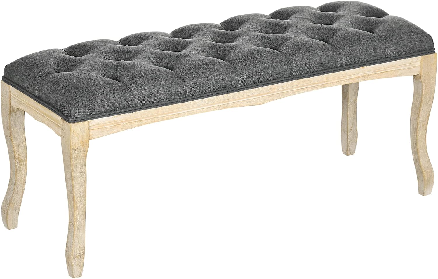Detalle de HOMCOM banquette capitonnée en lin style classique chic, 110 cm, piètement en bois d’hévéa sculpté
