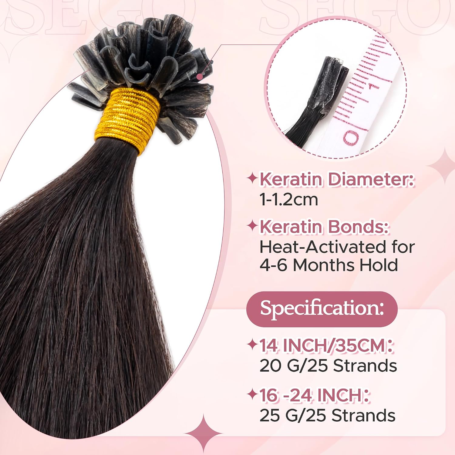 Detalle de SEGO Extension Cheveux Naturel Keratine 25 Mèche 25 g - 55 cm #1B Noir Naturel